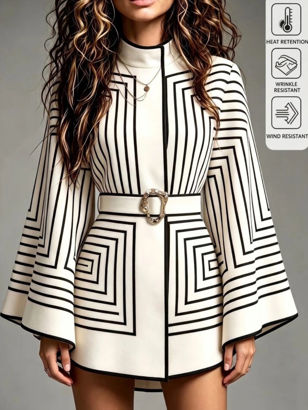 Women's Off White Stand Collar Cape Style Wool Blend Coat, Black